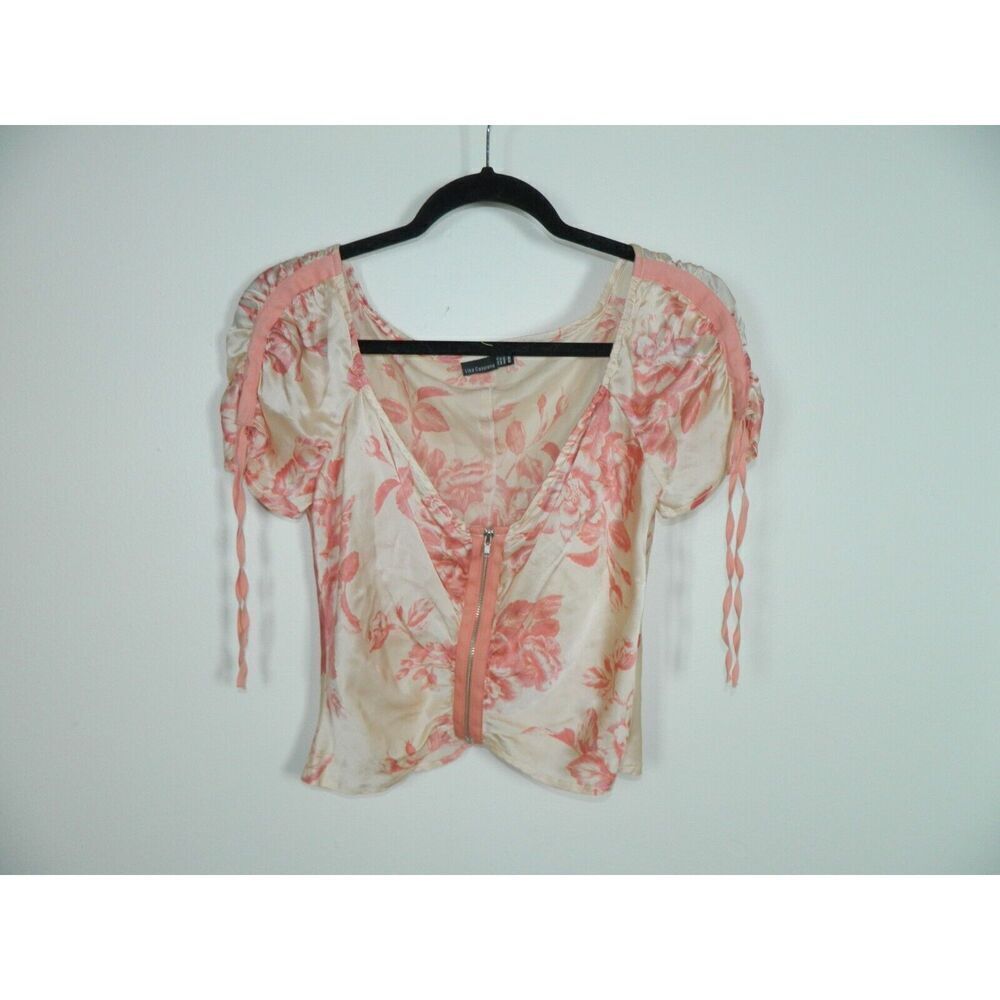 Lina Catalano Blouse Medium Ivory Orange Floral Silk Cropped Zipper Front